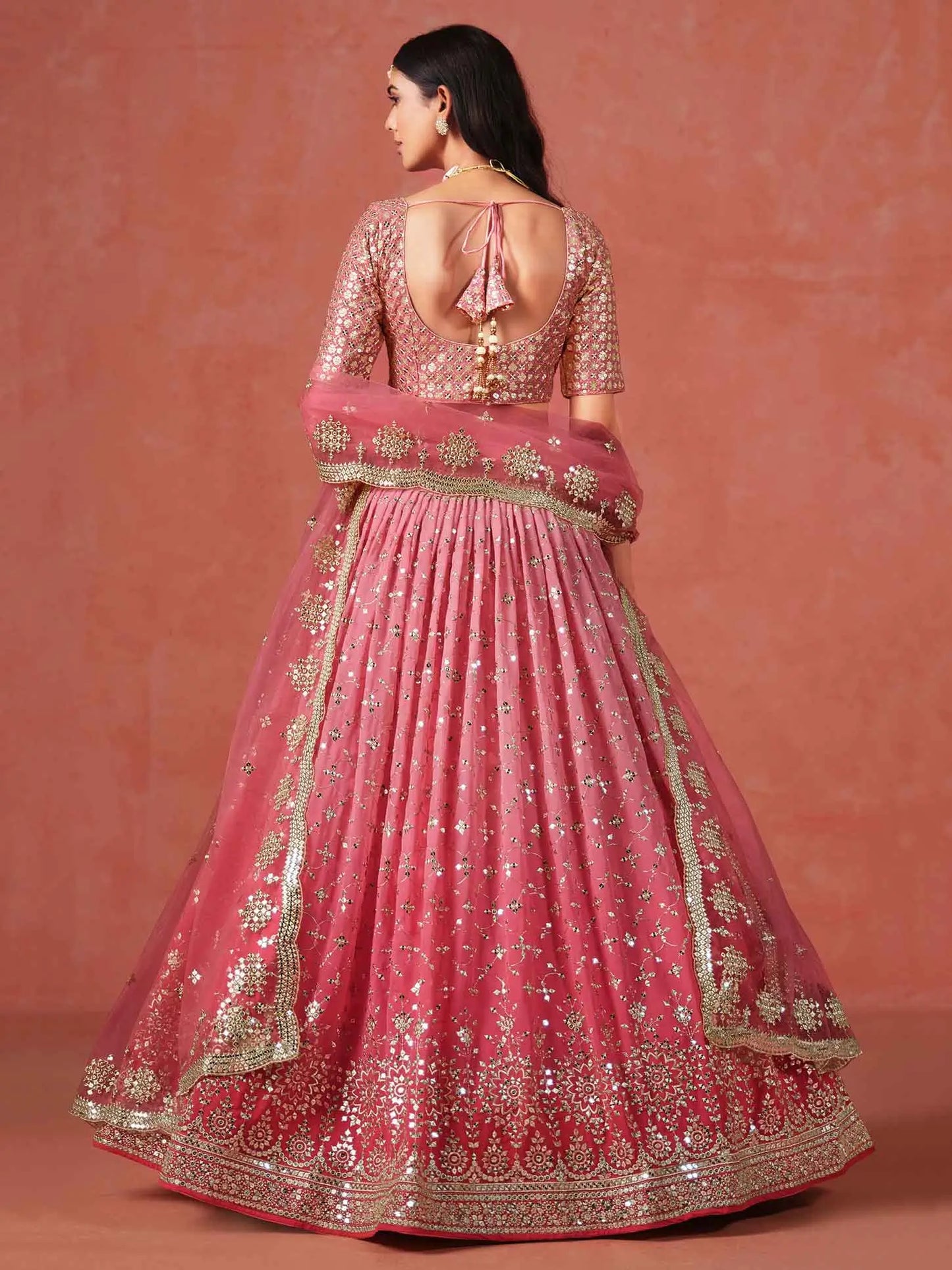 Peach To Pink Gradient Georgette Lehenga With Zari Sequins Embroidery Work