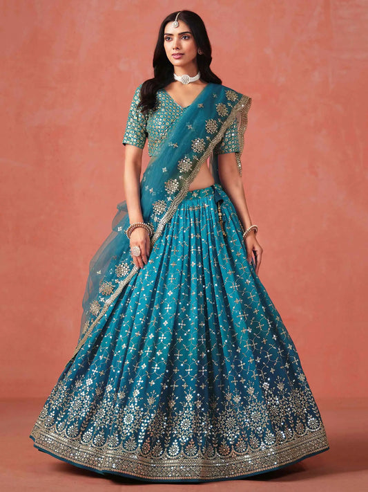 Rama Blue Georgette Lehenga With Zari Multiple Sequins Embroidery Work