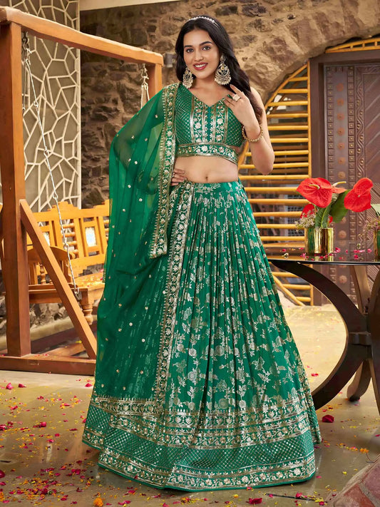 Teal Green Jacquard Lehenga With Zari Sequins Embroidery Work