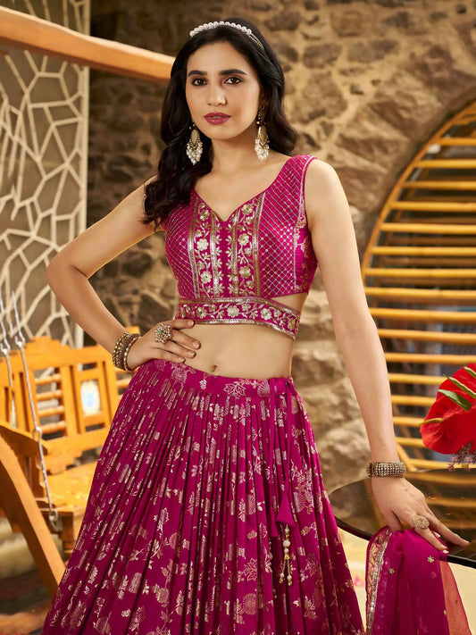 Rani Pink Jacquard Lehenga With Zari Sequins Embroidery Work