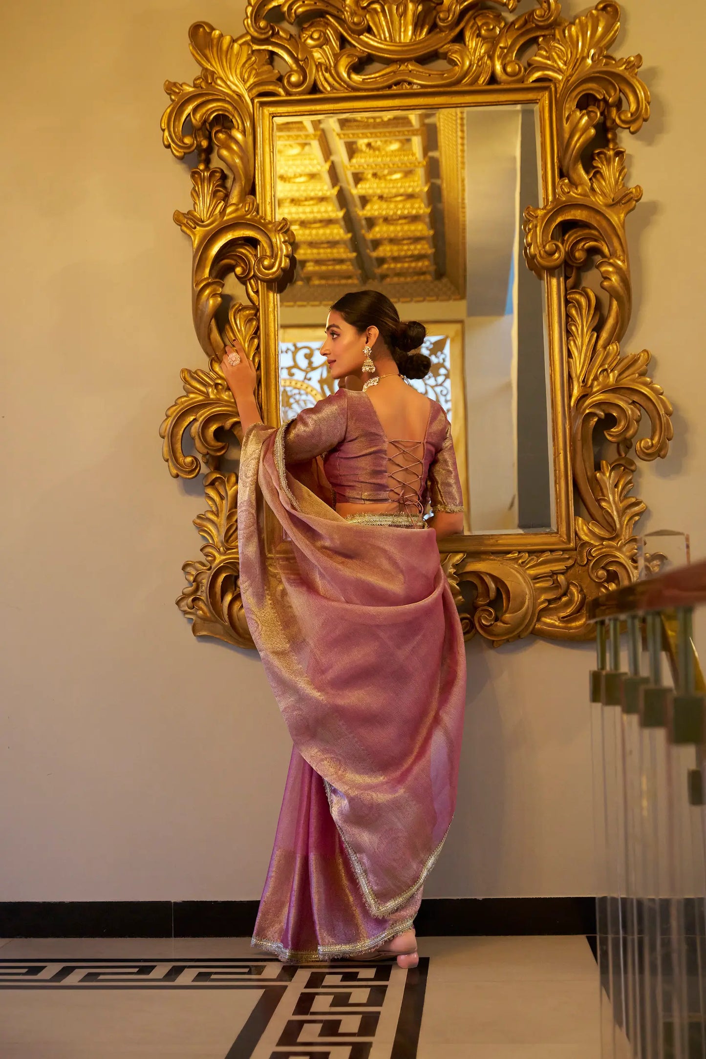 Light Pink Shimmer Tissue Saree With Zari Weaving Work & Sequins Lace Border