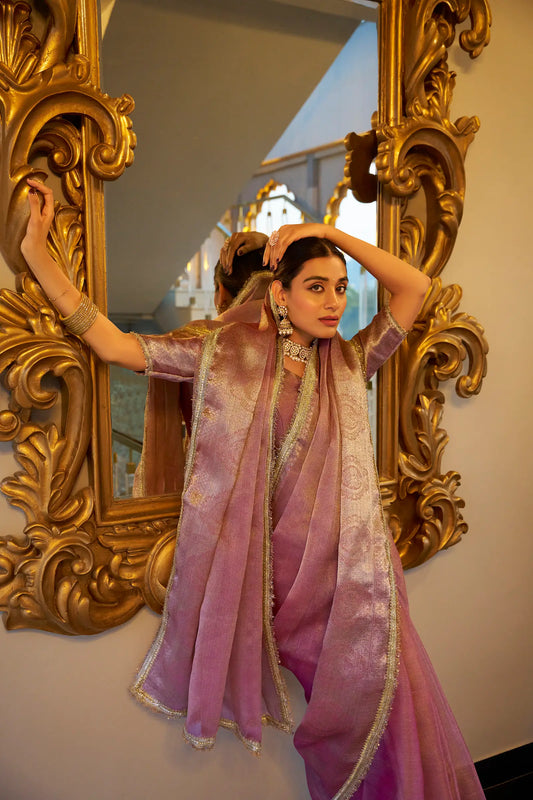 Light Pink Shimmer Tissue Saree With Zari Weaving Work & Sequins Lace Border