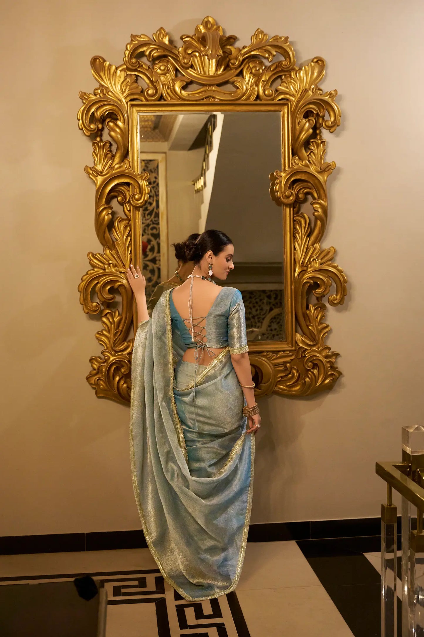 Sea Blue Shimmer Tissue Saree With Zari Weaving Work & Sequins Lace Border