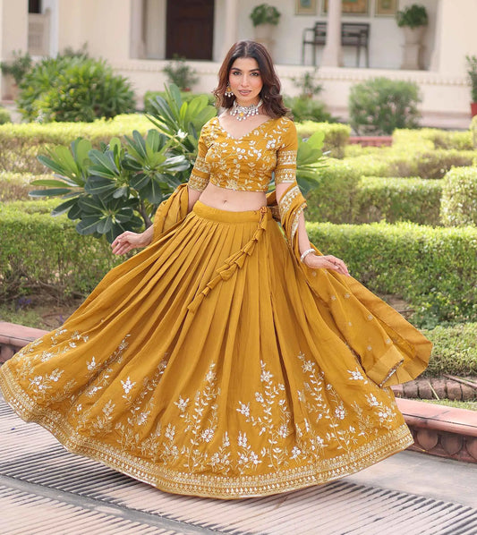 Brownish Yellow Sequins Embroidery Lehenga Choli