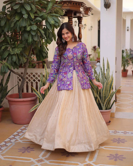 Purple Jacquard Lehenga With Long Blouse