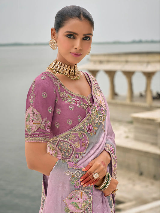 Lavender Viscose Jacquard Saree With Embroidery, Pearls, Khatli, Zari Weaving Work