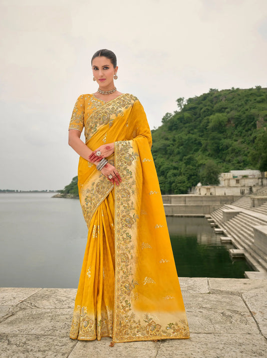 Yellow Viscose Jacquard Saree With Embroidery, Pearls, Khatli, Zari Weaving Work