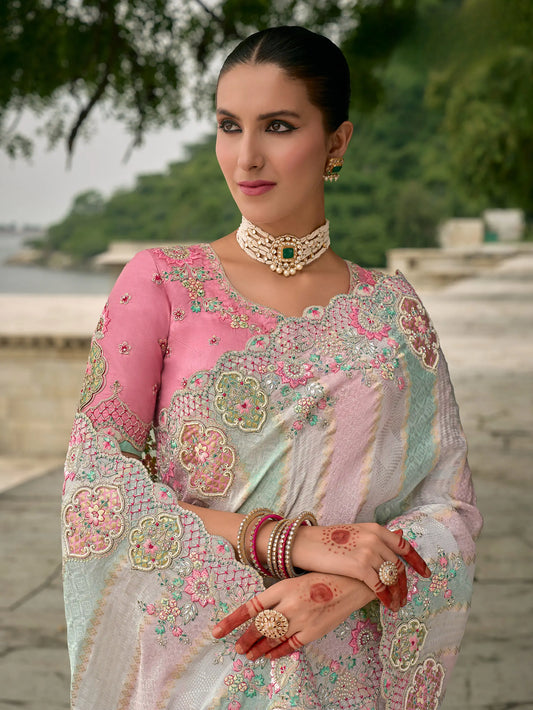 Sky Blue Pink Viscose Jacquard Saree With Embroidery Pearls Khatli Zari Weaving Work