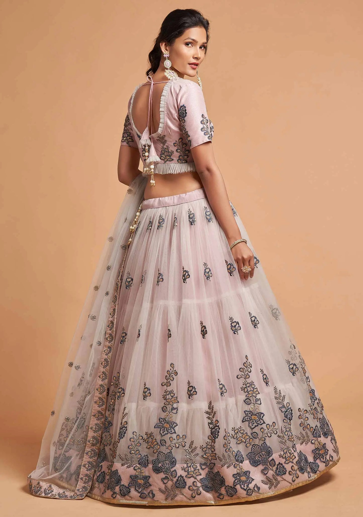 Pinkish Grey Soft Net Lehenga With Thread Zari Dori and Sequins Embroidery Work