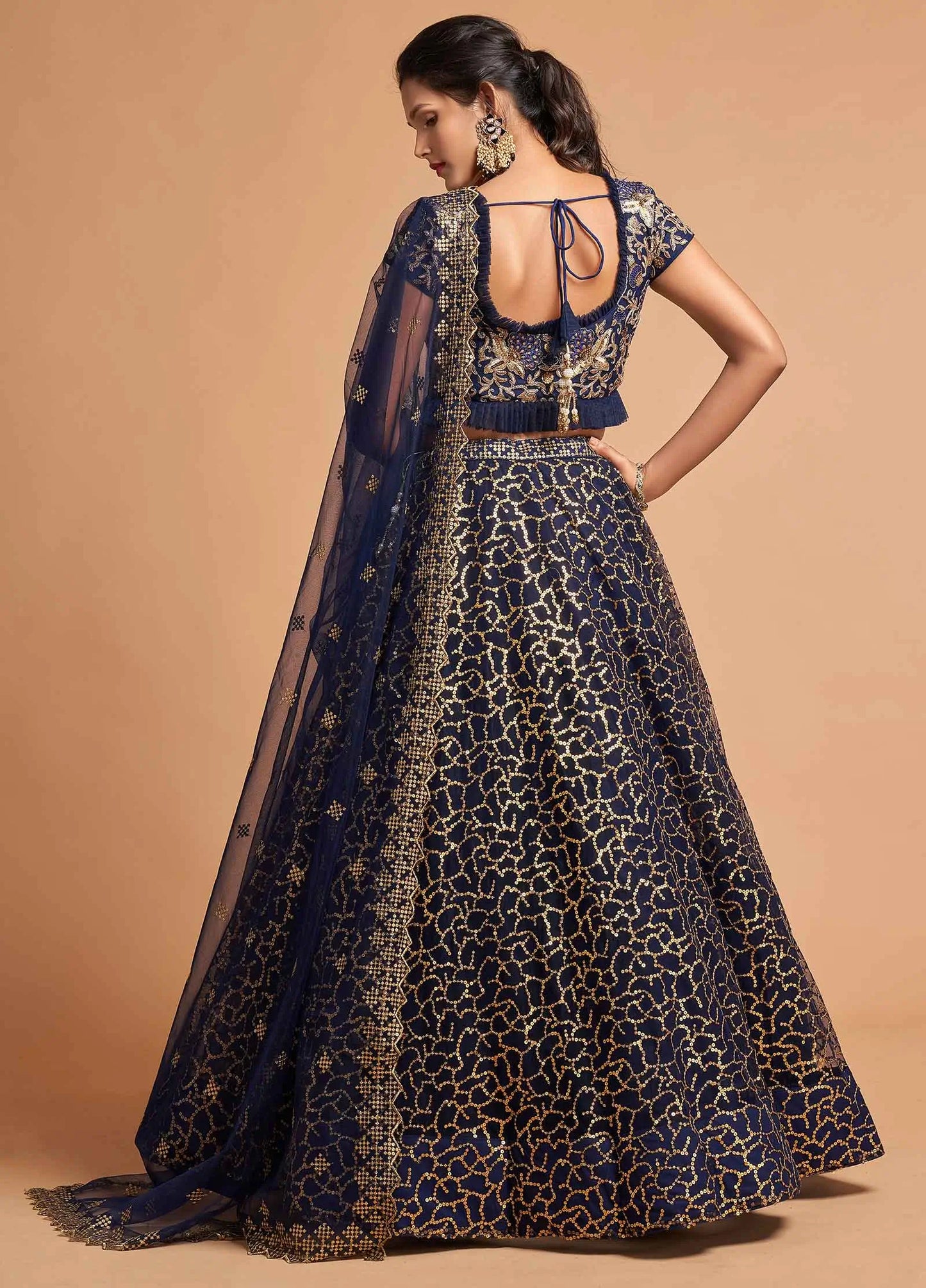 Navy Blue Soft Net Lehenga With Zari Badla Dori And Thread Embroidery Work