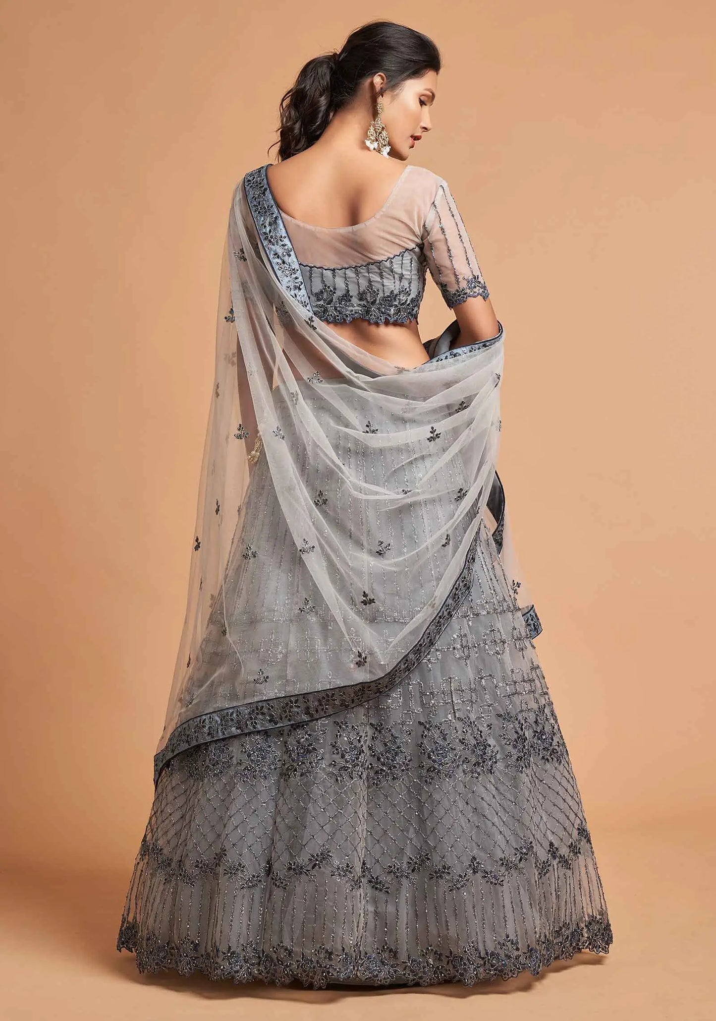 Smokey Grey Soft Net Lehenga With Zari Badla Dori And Thread Embroidery Work