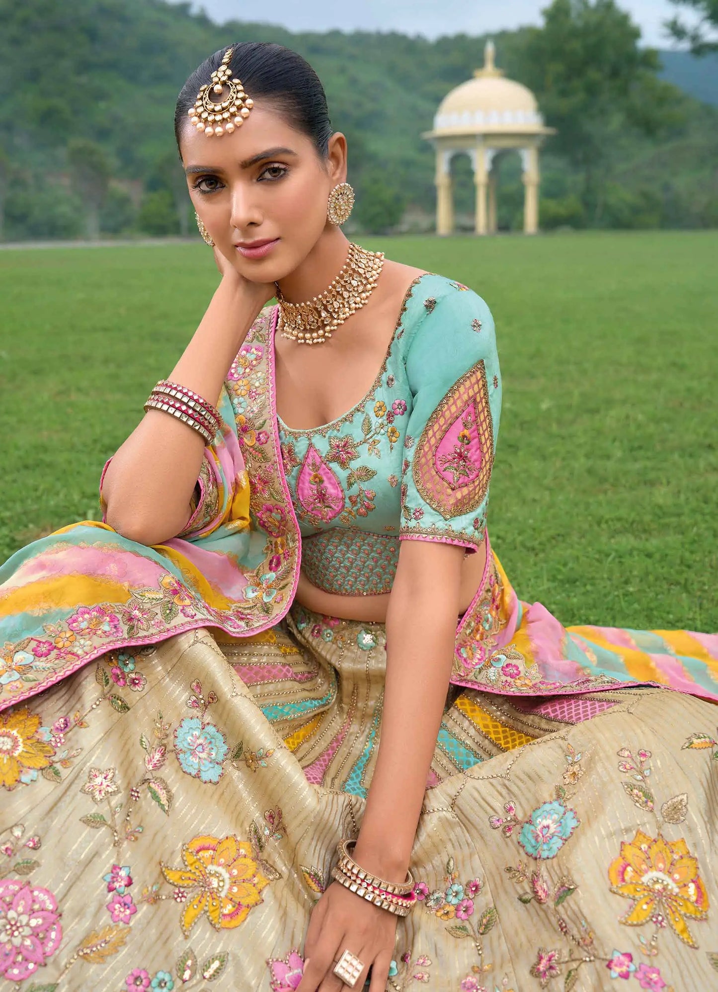 Multi Pastel Heavy Khatli & Embroidery Work Bridal Lehenga