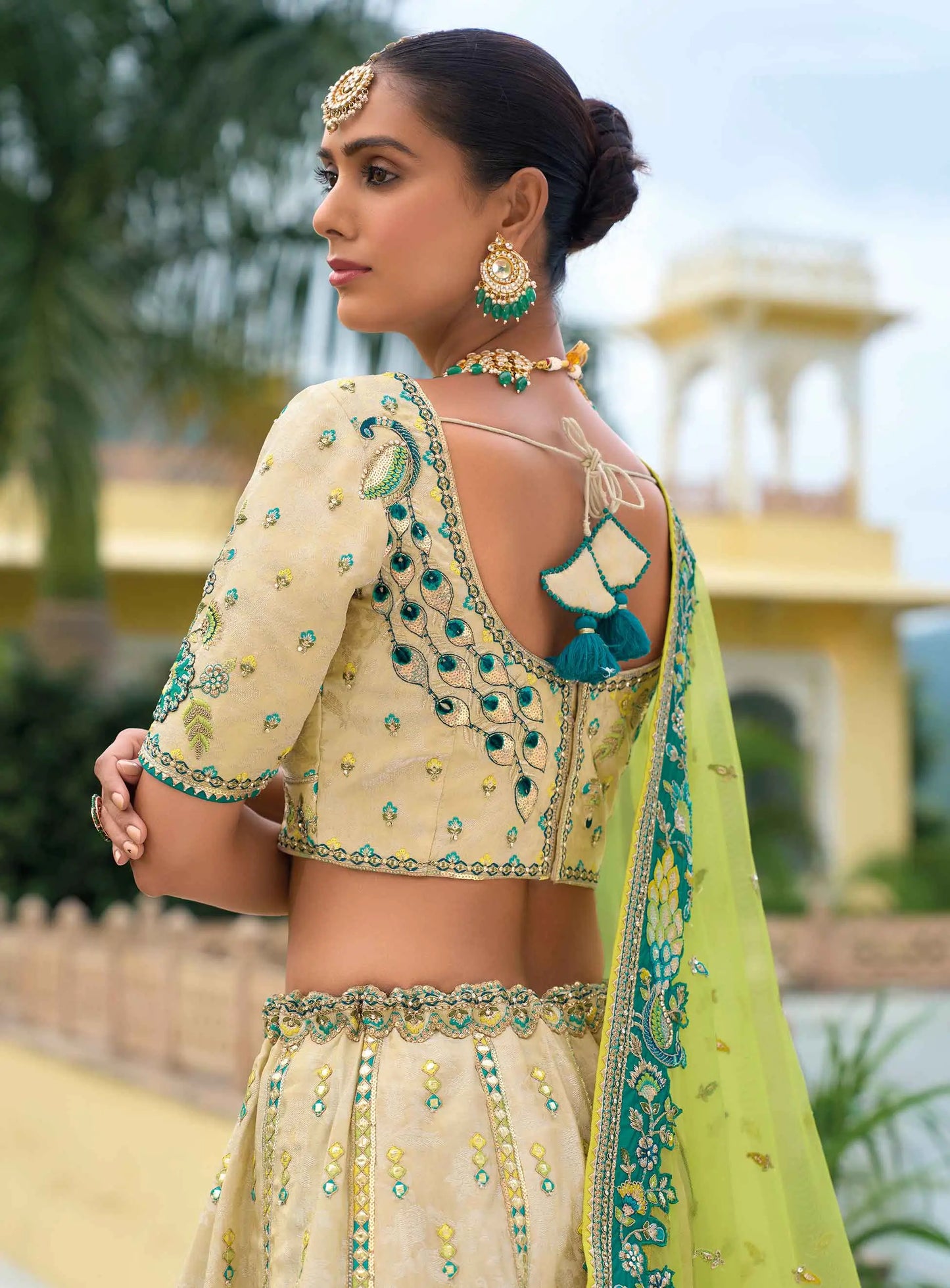 Beige Bridal Lehenga With Heavy Embroidery Peacock Work