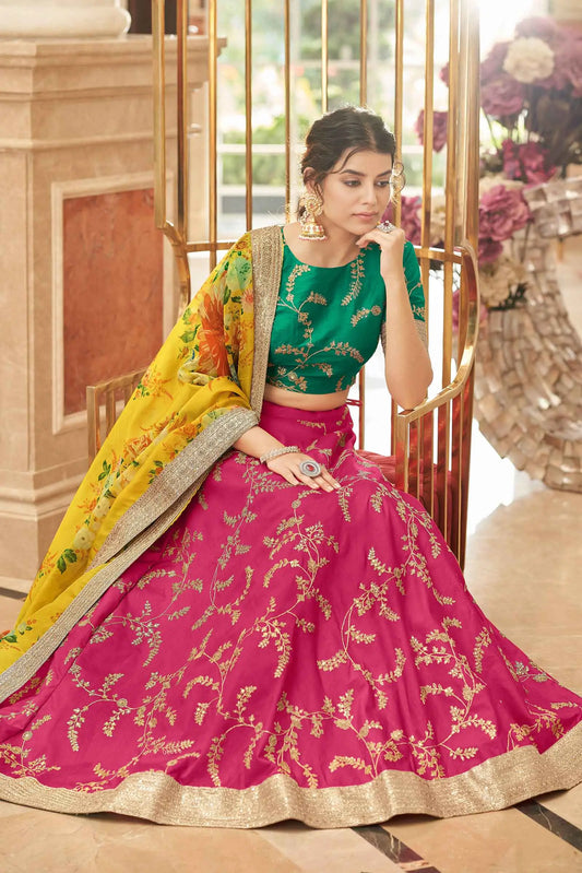 Pink Yellow Art Silk Lehenga With Thread Zari Dori And Sequins Embroidery Work