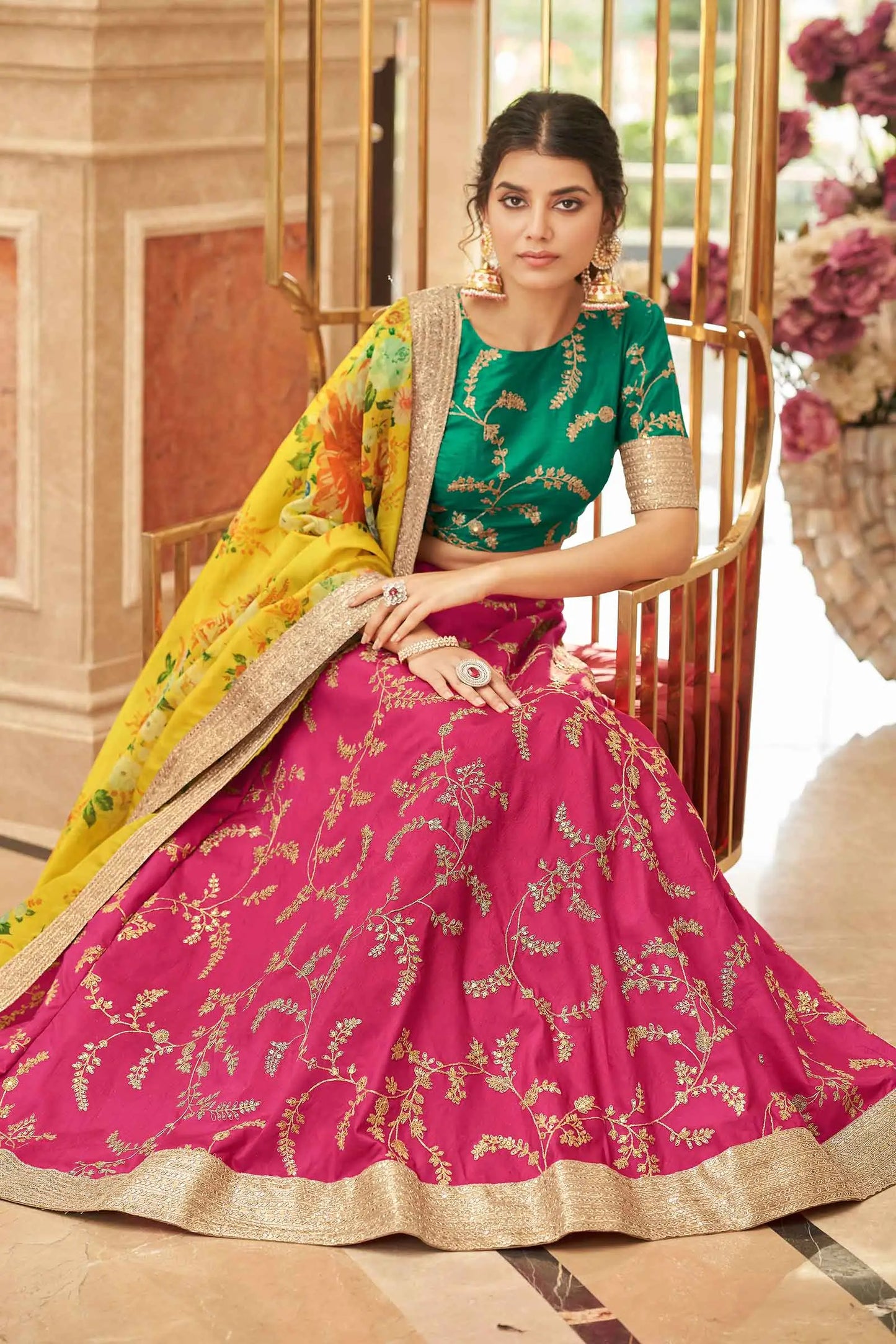 Pink Yellow Art Silk Lehenga With Thread Zari Dori And Sequins Embroidery Work
