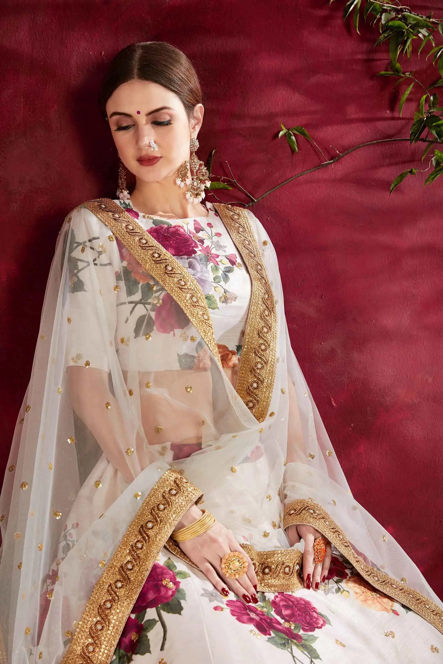 Off White Silk Lehenga With Floral Print Dori Zari And Sequins Embroidery Work