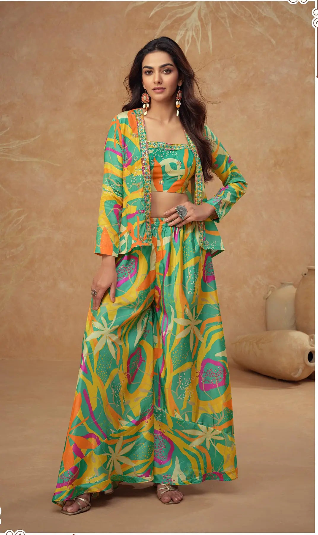 Sea Green Multicolor Chinon Silk Indo Western With Print & Embroidery