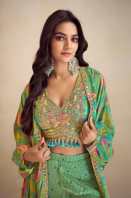 Pista Green Multicolor Chinon Silk Indo Western Set With Print, Embroidery & Hand Work