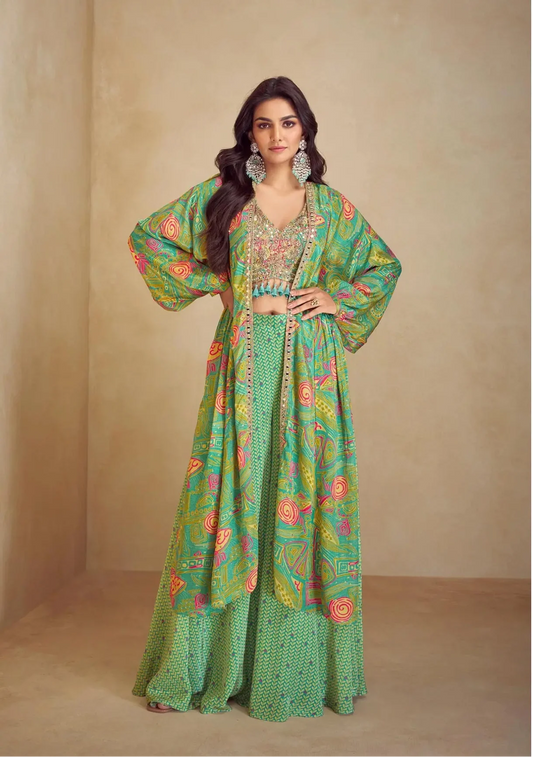 Pista Green Multicolor Chinon Silk Indo Western Set With Print, Embroidery & Hand Work