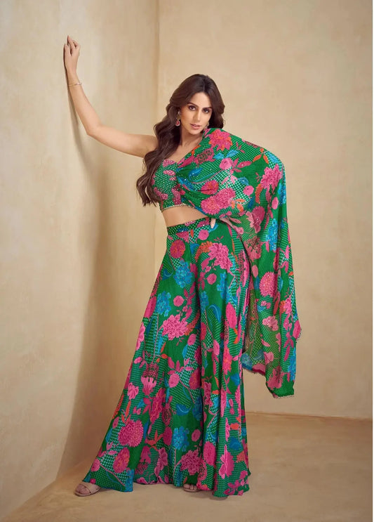 Green Multicolor Chinon Silk Indo Western Set With Print, Embroidery & Hand Work