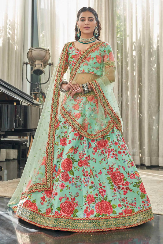 Mint Red Art Silk Lehenga With Digital Floral Print With Dori Sequins And Stone Work