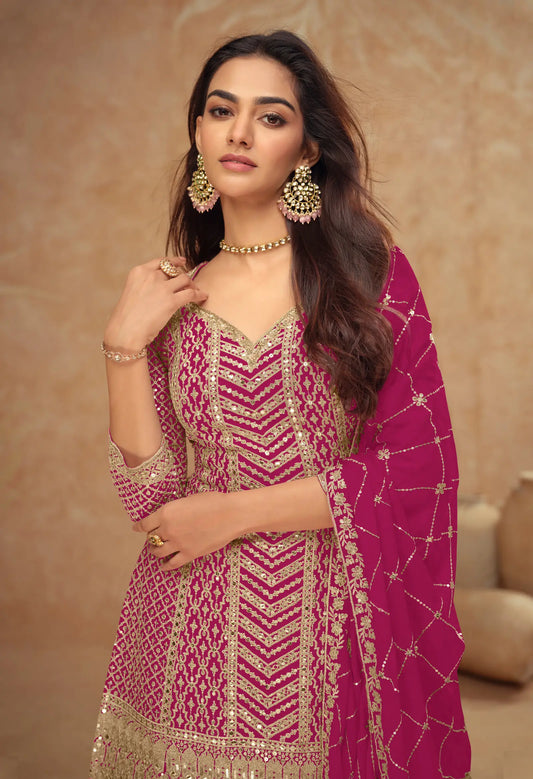 Dark Pink Chinon Silk Embroidery Plazzo Suit
