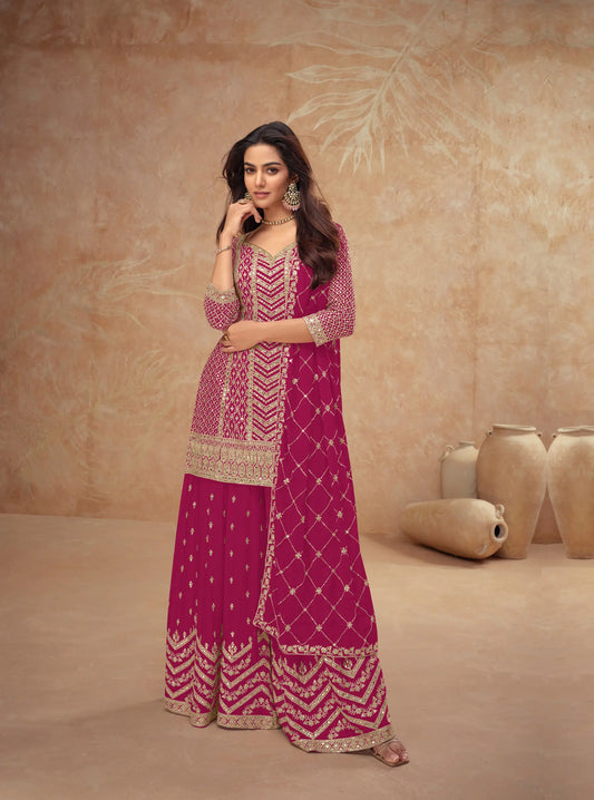 Dark Pink Chinon Silk Embroidery Plazzo Suit