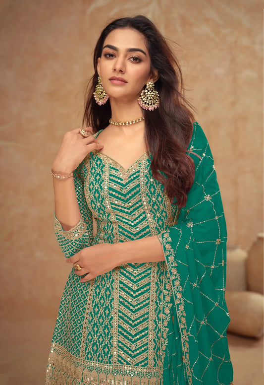 Teal Green Chinon Silk Embroidery Plazzo Suit