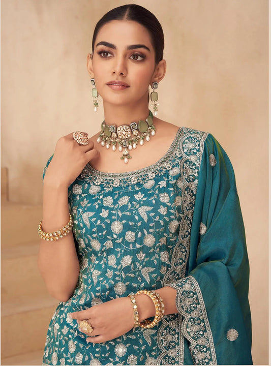 Teal Blue Shimmer Silk Embroidery Work Palazzo Suit