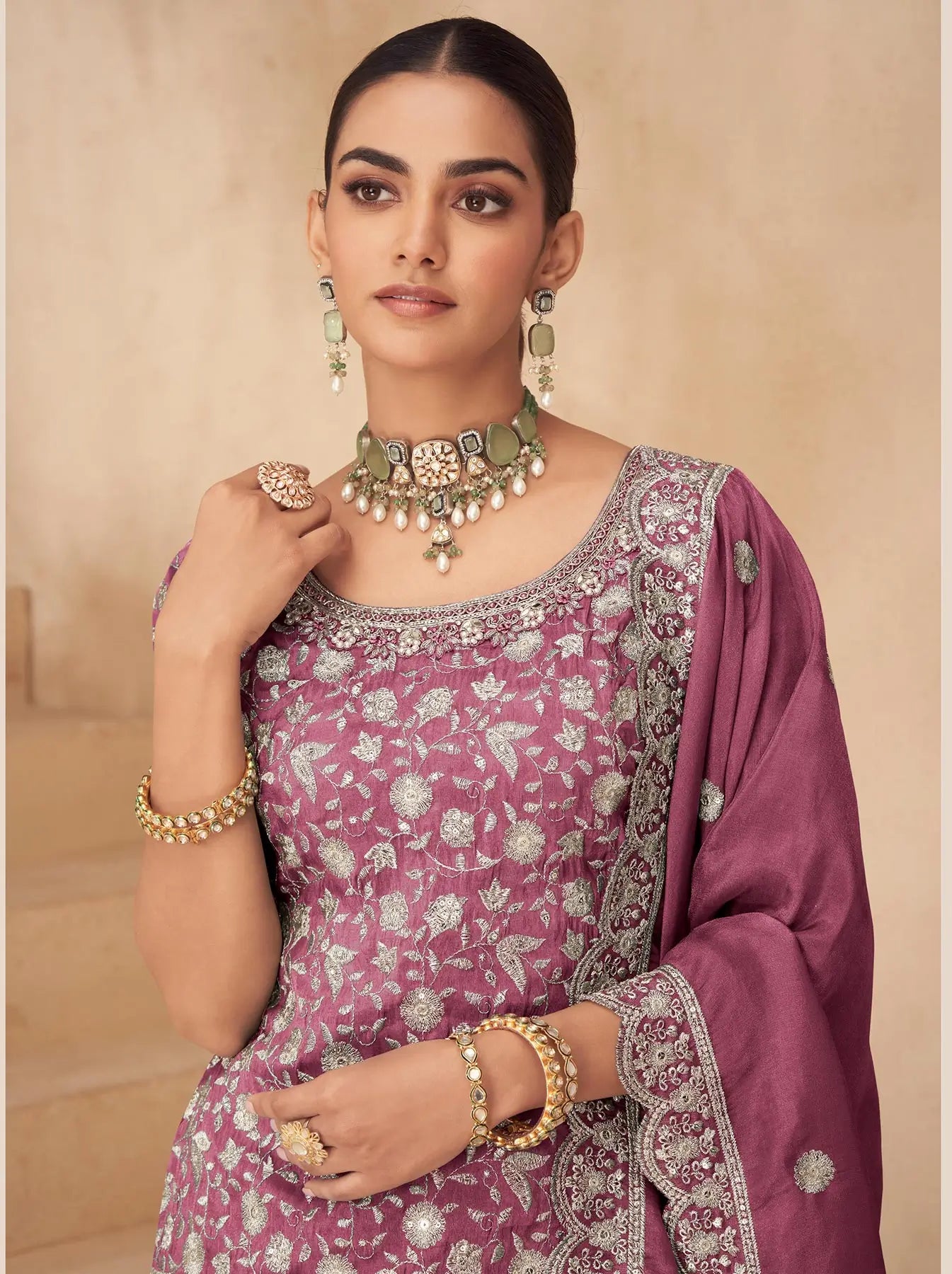 Dusty Pink Shimmer Silk Embroidery Work Palazzo Suit