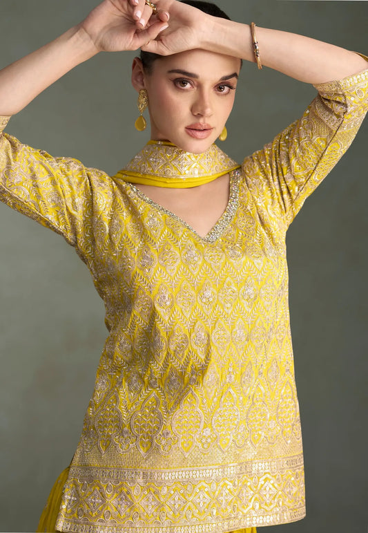 Bright Yellow Shimmer Silk Embroidery Palazzo Suit