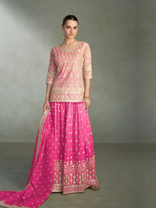 Hot Pink Shimmer Silk Embroidery Palazzo Suit