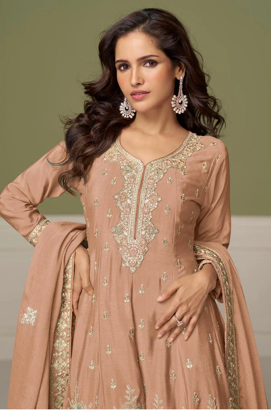 Dusty Peach Chinon Silk Embroidery Work Palazzo Suit