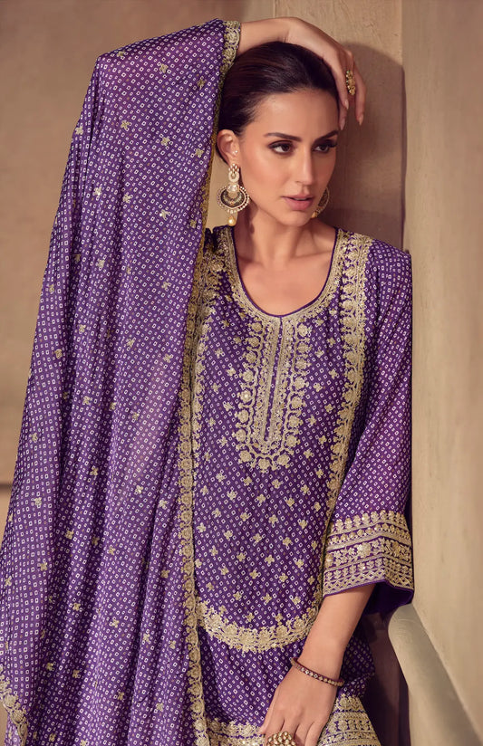 Plum Purple Chinon Silk Print & Embroidery Work Sharara Suit