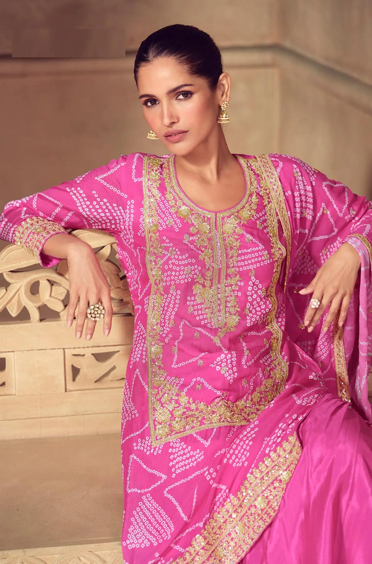 Hot Pink Chinon Silk Print & Embroidery Work Sharara Suit