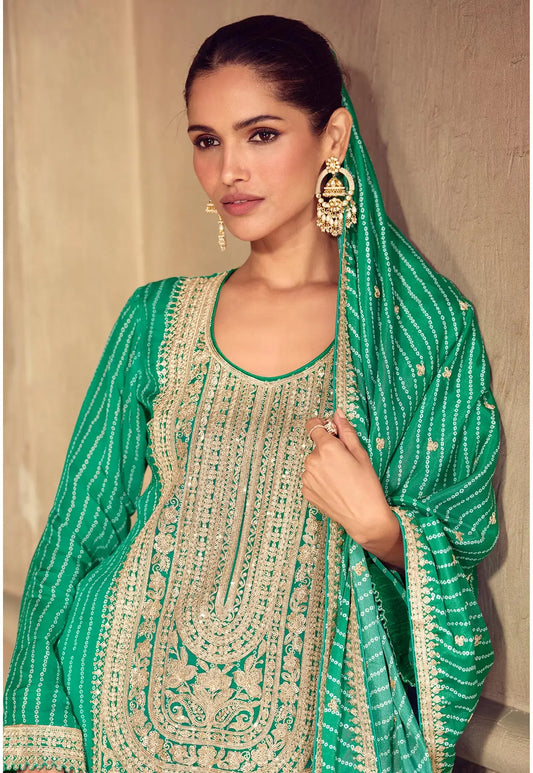 Pine Green Chinon Silk Print & Embroidery Work Sharara Suit
