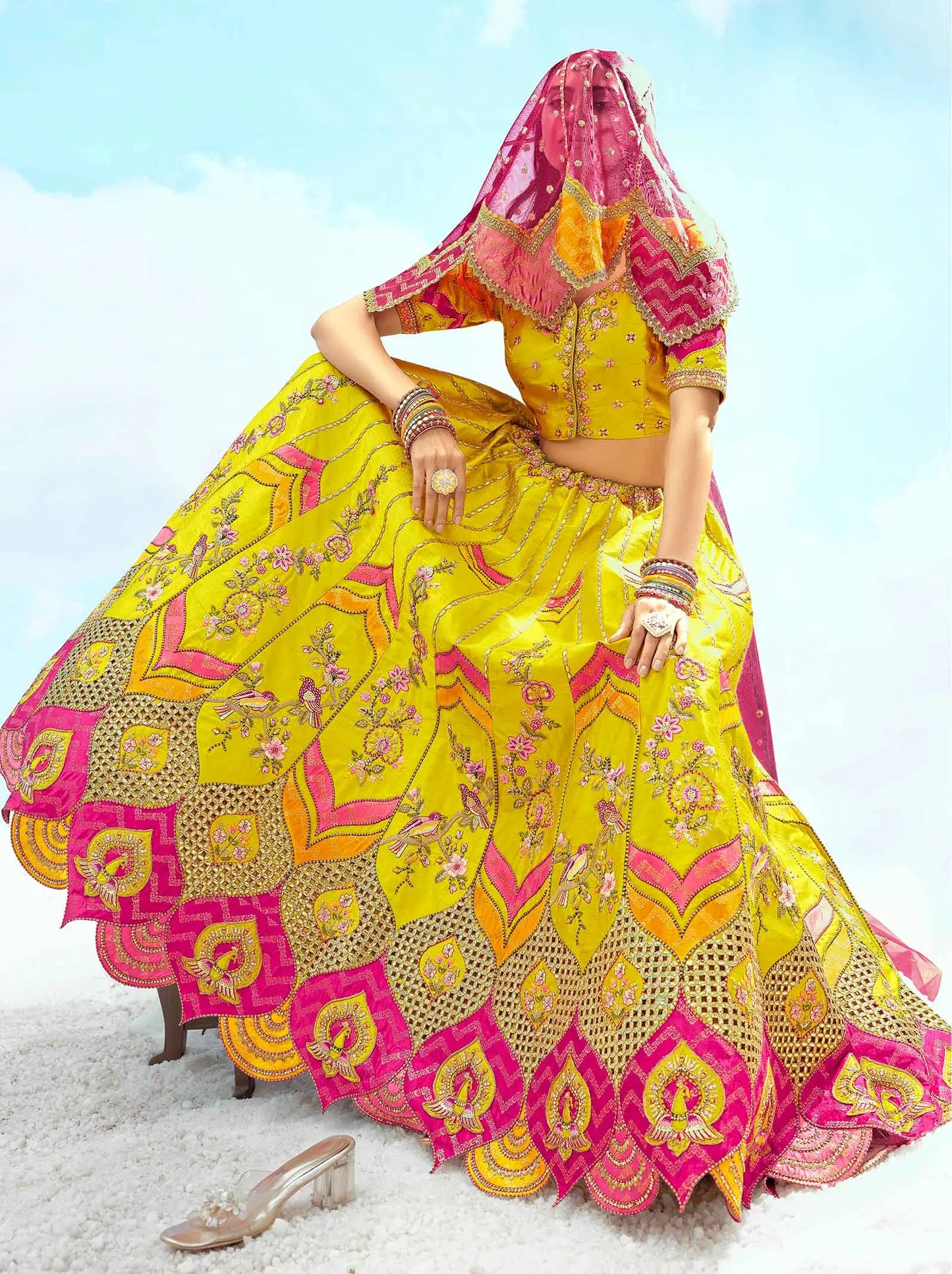 Designer Mustard Yellow Patch & Embroidery Work Bridal Lehenga