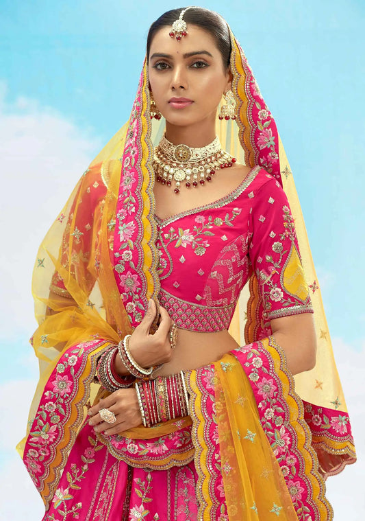 Rani pink Heavy Patch & Embroidery Work Lehenga For Bride