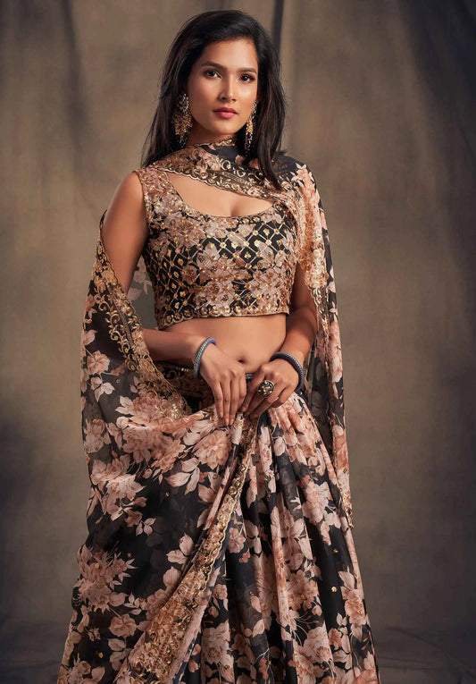 Black Floral Print Organza Lehenga With Sequins Work