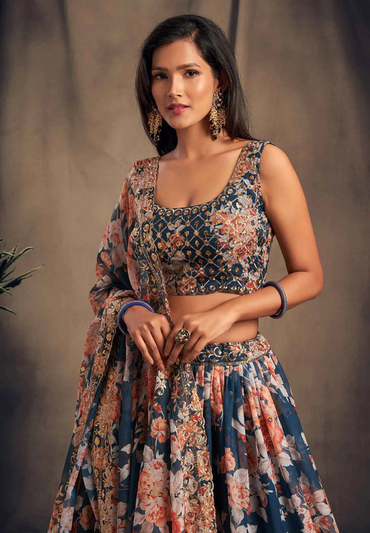 Teal Blue Floral Print Organza Lehenga With Sequins Work