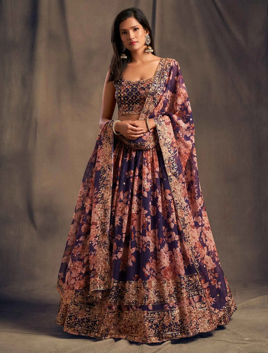 Purple Floral Print Organza Lehenga With Sequins Work