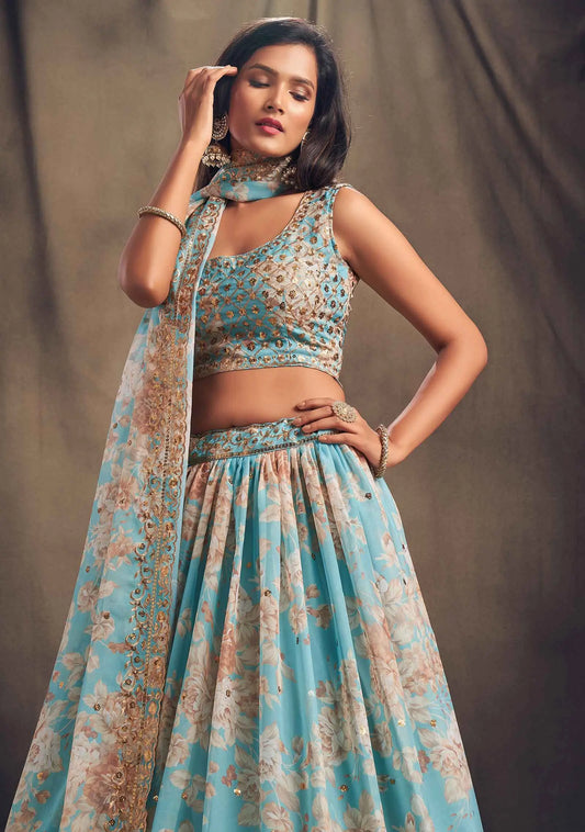 Sky Blue Floral Print Organza Lehenga With Sequins Work
