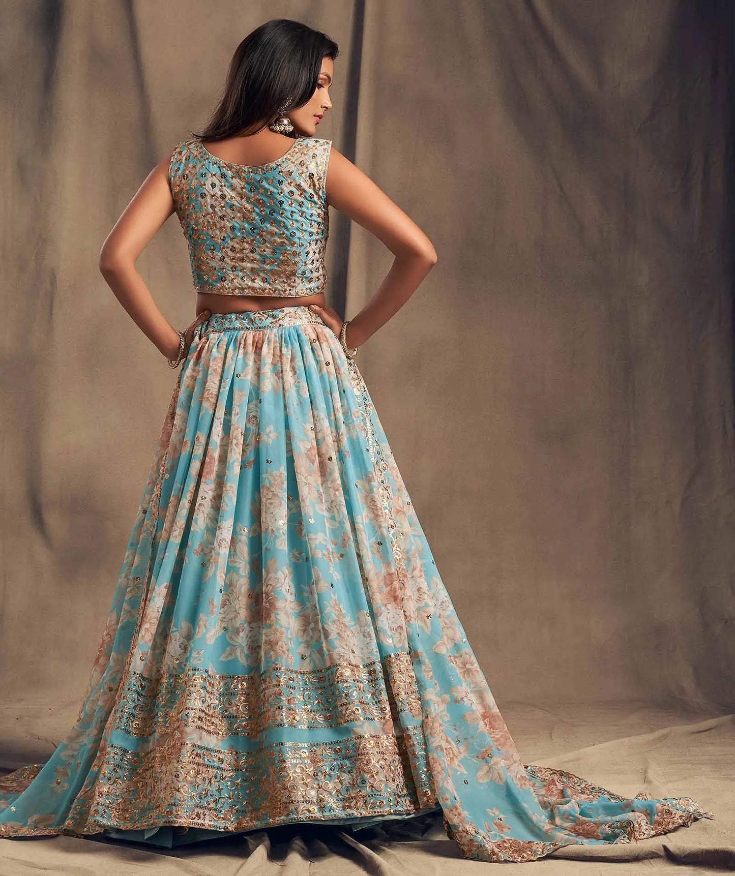 Sky Blue Floral Print Organza Lehenga With Sequins Work