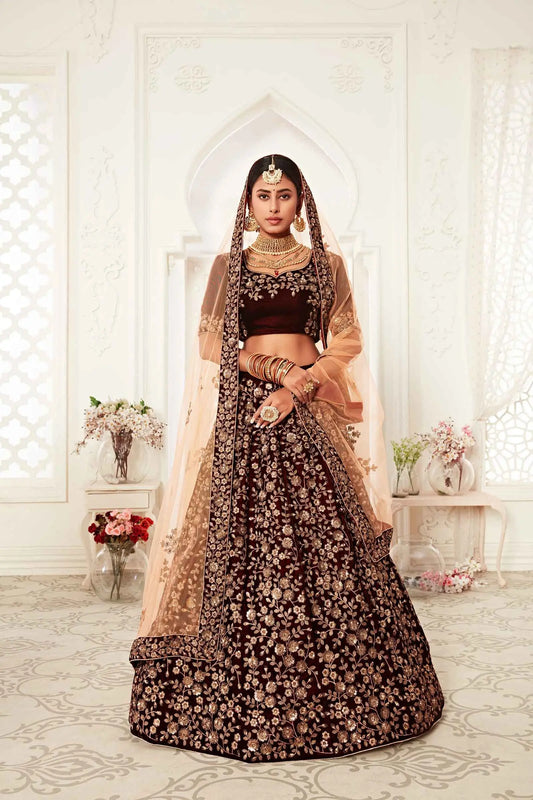 Maroon Velvet Lehenga With Thread Zari And Sequins Embroidery Work
