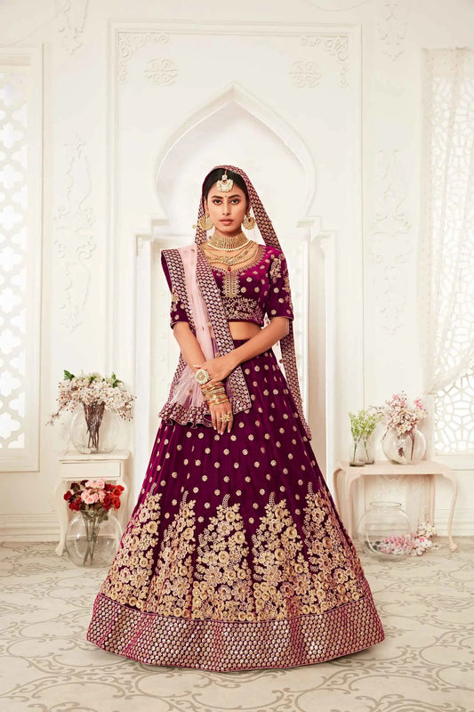 Wine Red Velvet Lehenga With Thread Zari Dori And Sequins Embroidery Work