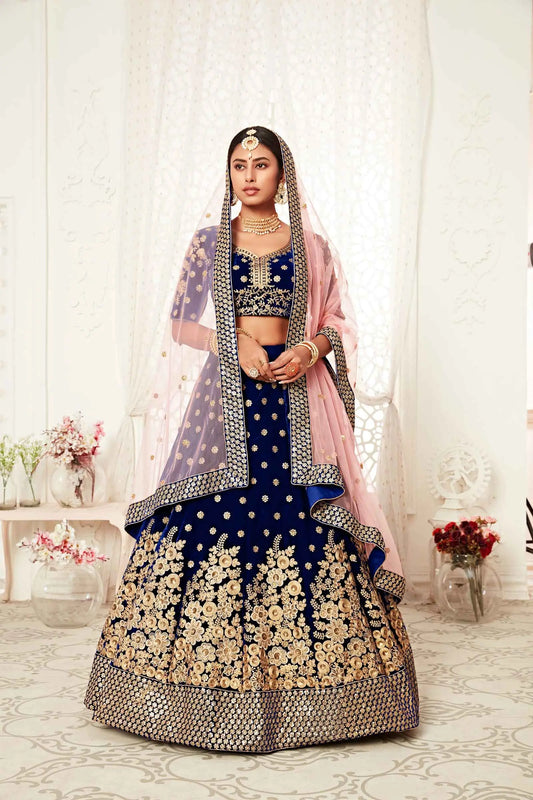 Navy Blue Velvet Lehenga With Thread Zari Dori And Sequins Embroidery Work