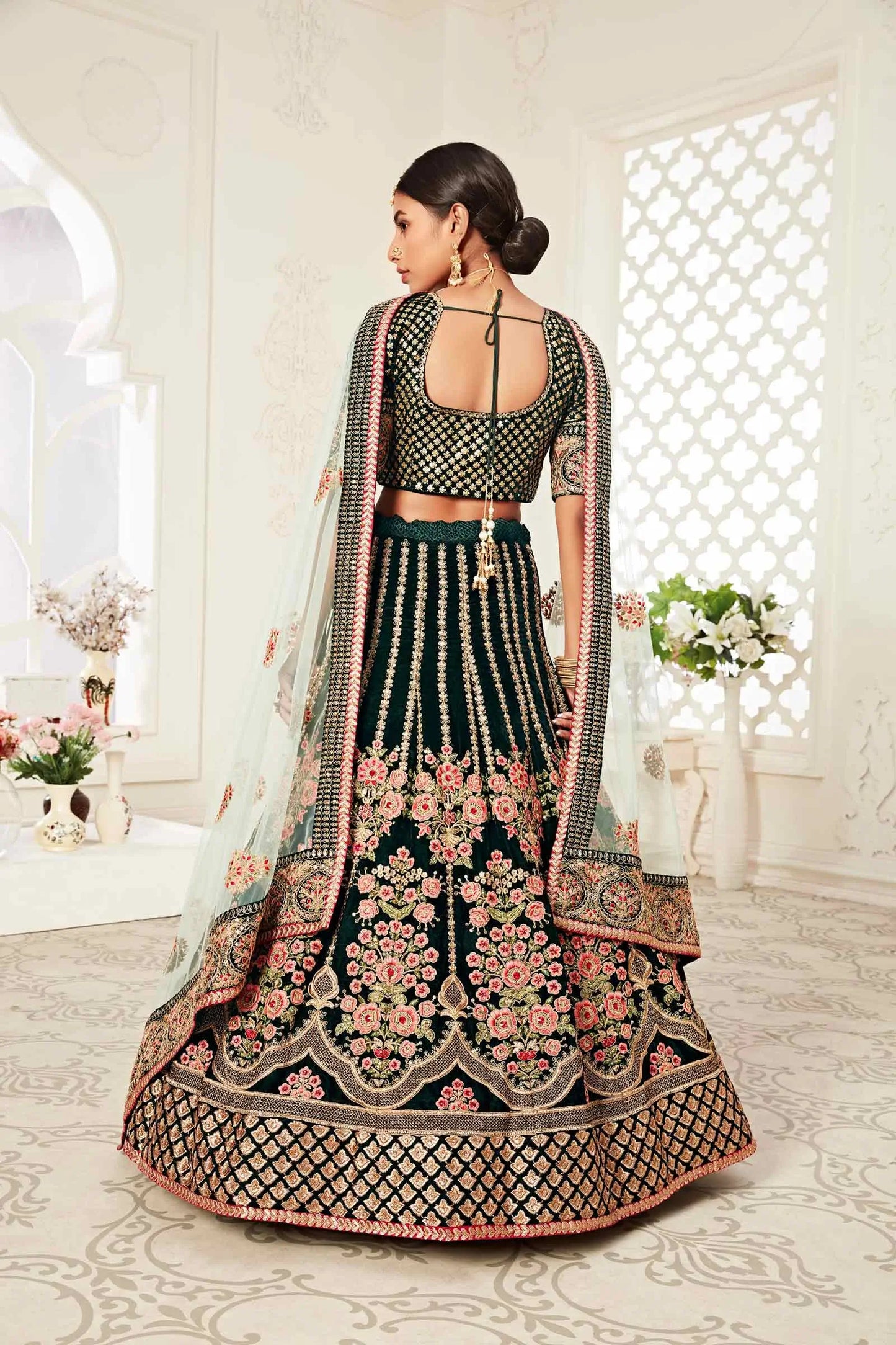 Dark Green Velvet Lehenga With Thread Dori Zari And Sequins Embroidery With Diamond Work