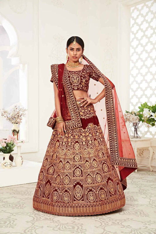 Red Maroon Velvet Lehenga With Thread Zari Dori And Sequins Embroidery Work