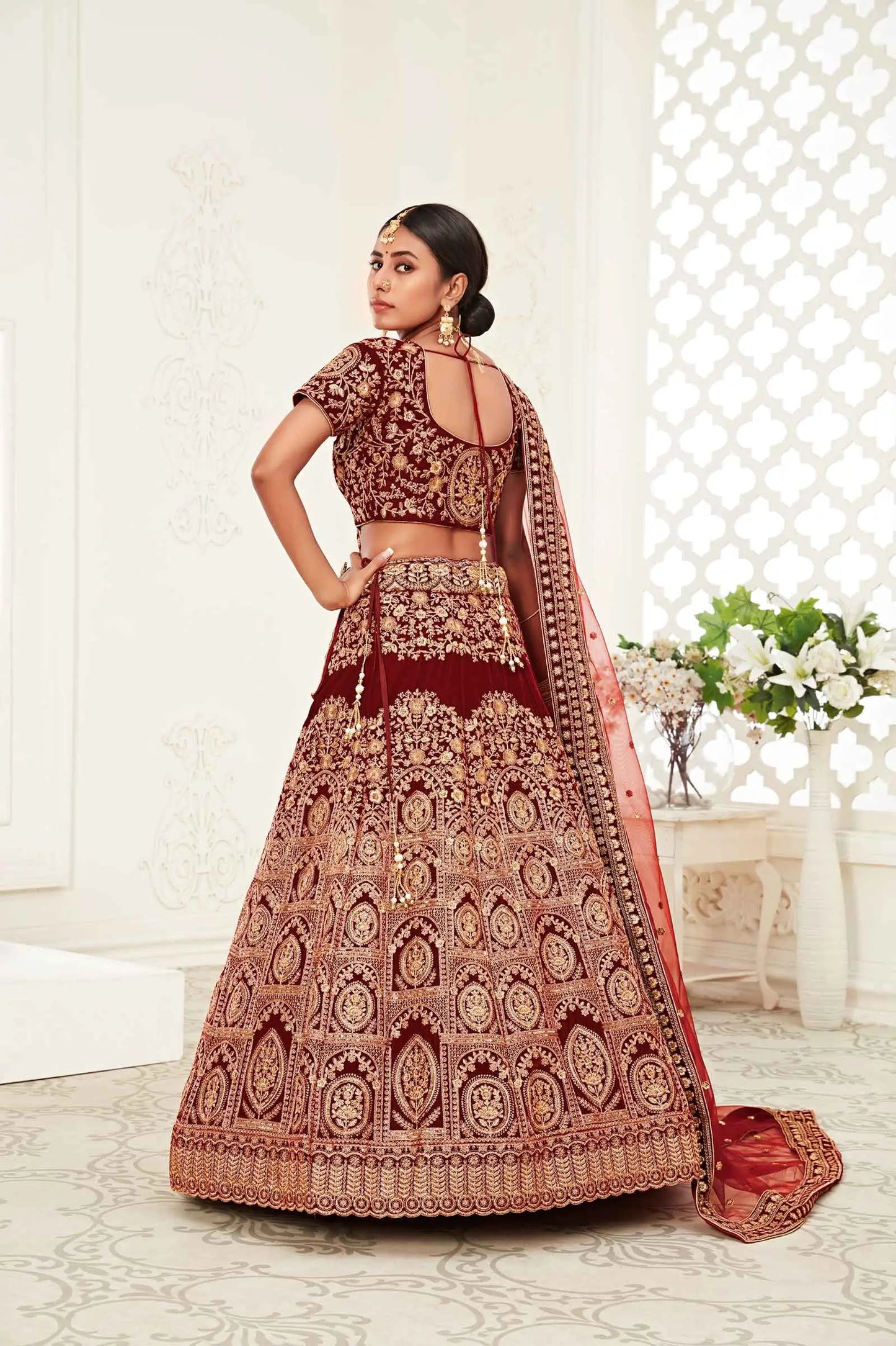 Red Maroon Velvet Lehenga With Thread Zari Dori And Sequins Embroidery Work