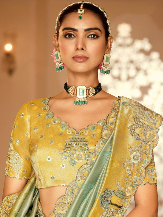 Sea Green Jacquard Silk Embroidery & Hand Work Saree